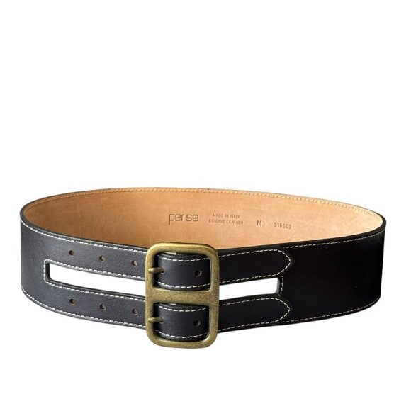 Per Se Women’s Medium Black Leather Y2K Wide statement Belt Double Buckle Italy main image 5